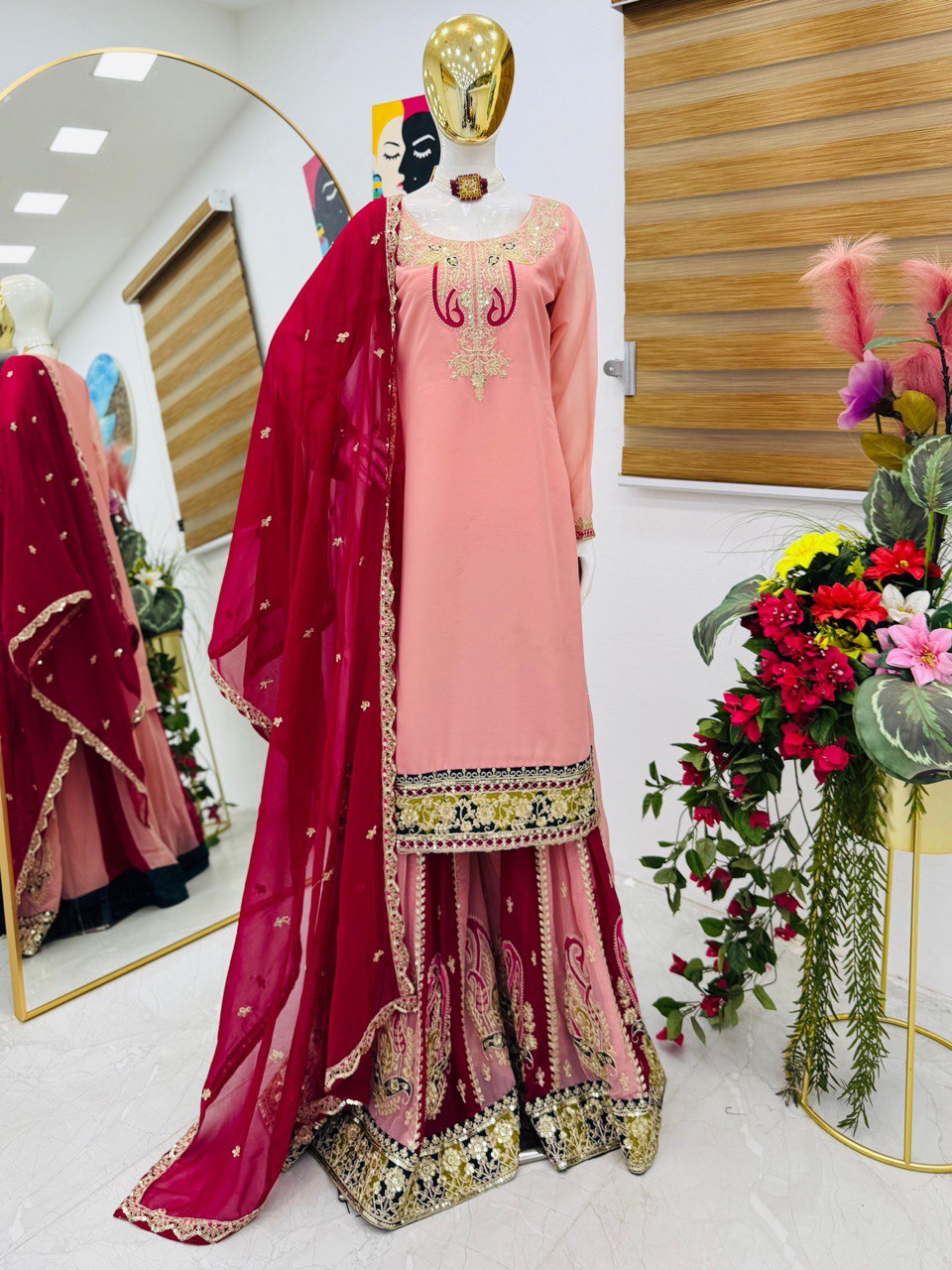 Dusty Pink Color Pure Heavy Chinnon Silk With Heavy Embroidery Sequence Work Sharara Suit