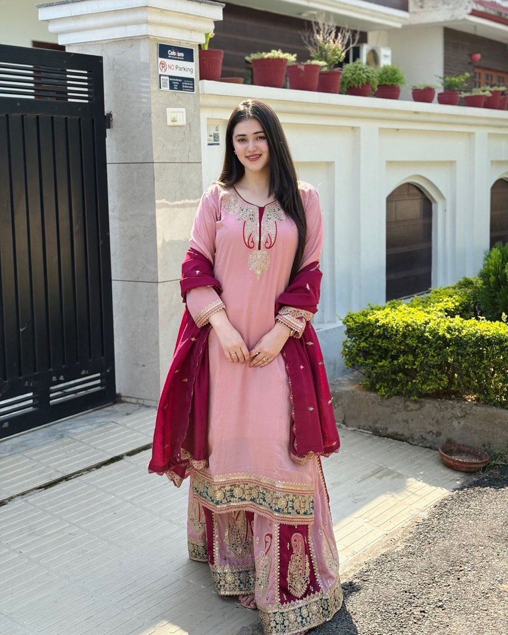 Dusty Pink Color Pure Heavy Chinnon Silk With Heavy Embroidery Sequence Work Sharara Suit
