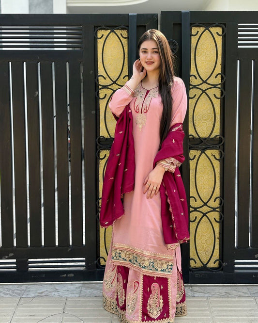 Dusty Pink Color Pure Heavy Chinnon Silk With Heavy Embroidery Sequence Work Sharara Suit