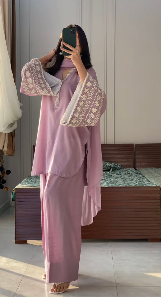 Dusty Pink Elegant Embroidered Natural Satin Top with Farshi Palazzo & Dupatta