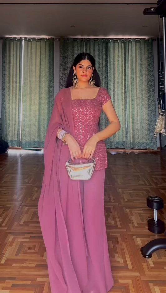 Dusty Pink Embroidery Work Kurti Palazzo Suit Set With Dupatta For Wedding