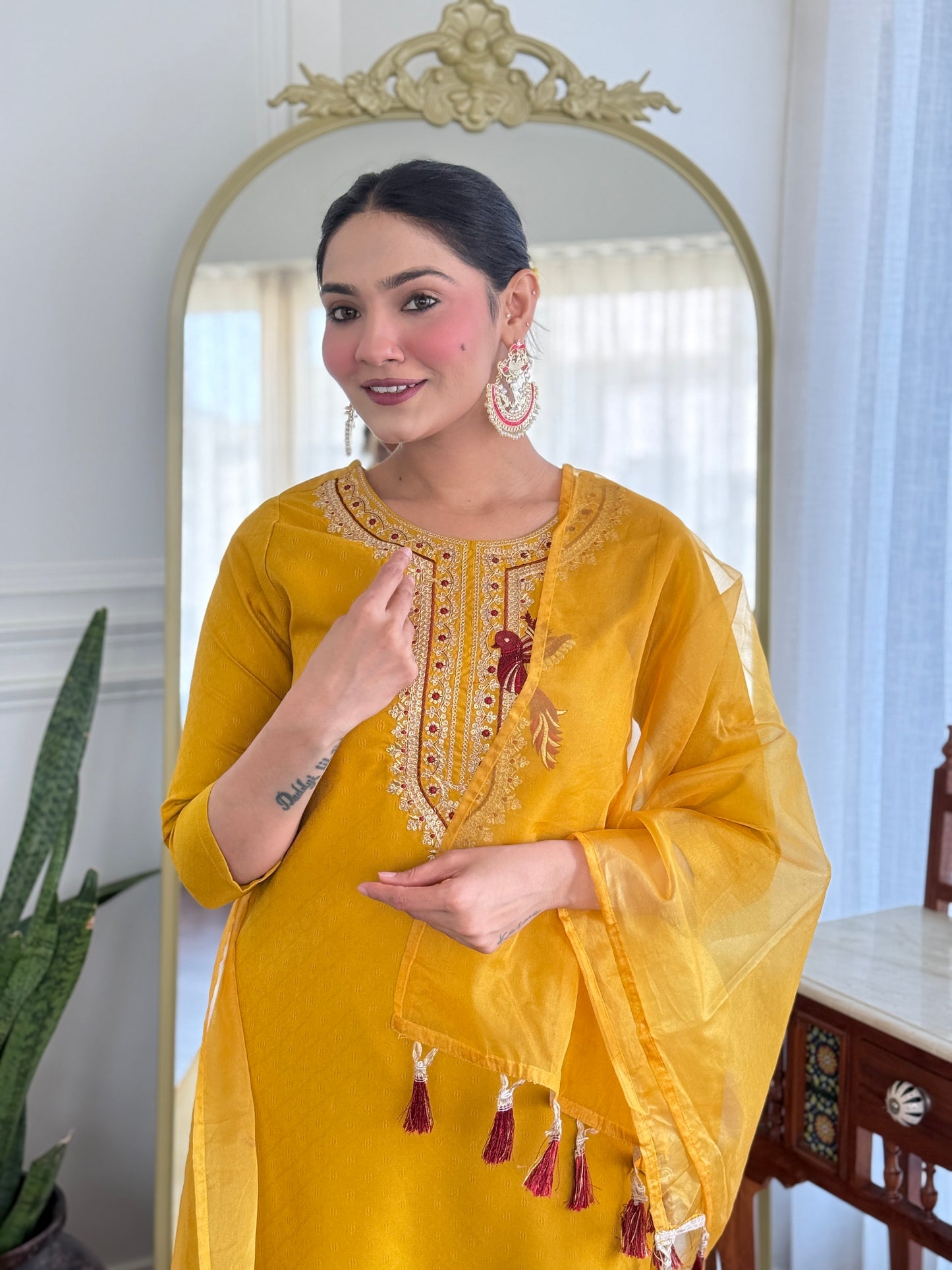 Ekani Yellow Embroidered Cotton Blend Straight Suit Set With Dupatta