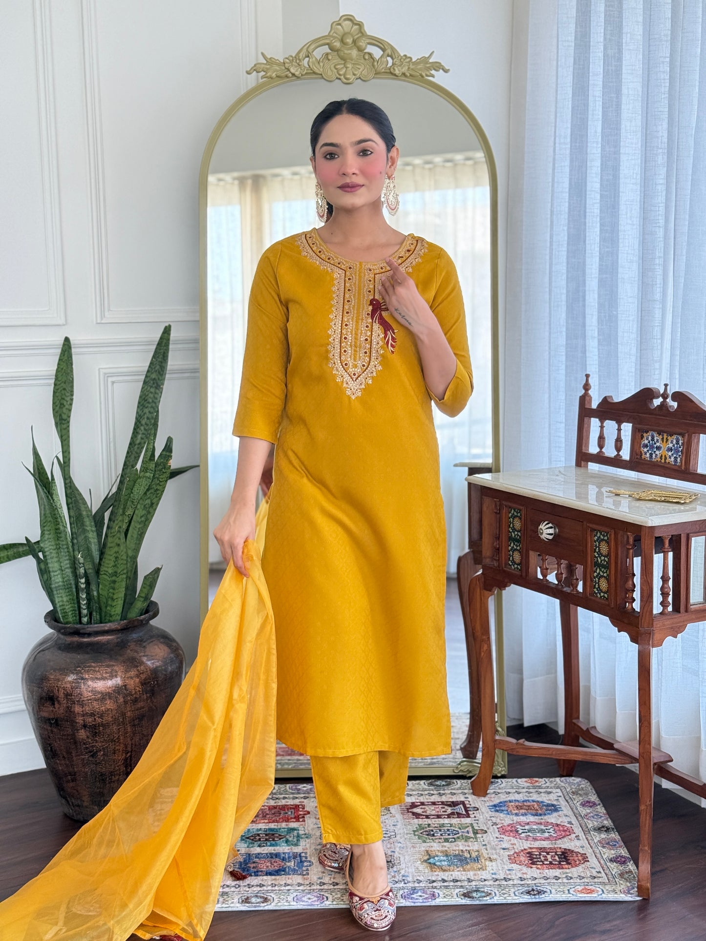 Ekani Yellow Embroidered Cotton Blend Straight Suit Set With Dupatta