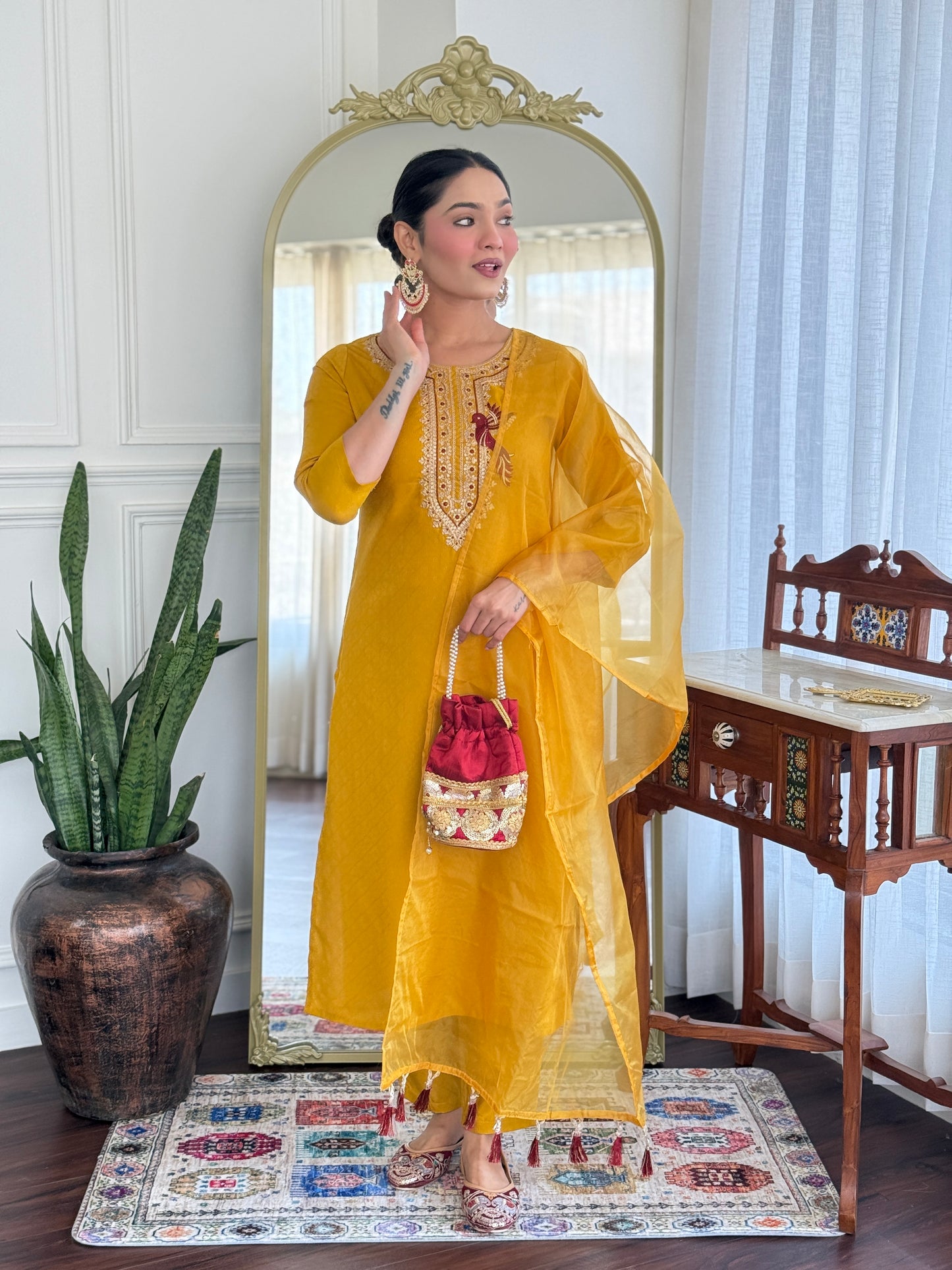 Ekani Yellow Embroidered Cotton Blend Straight Suit Set With Dupatta