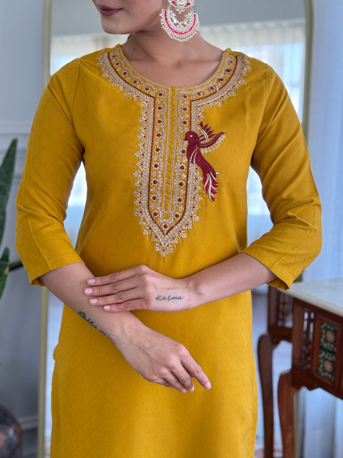 Ekani Yellow Embroidered Cotton Blend Straight Suit Set With Dupatta