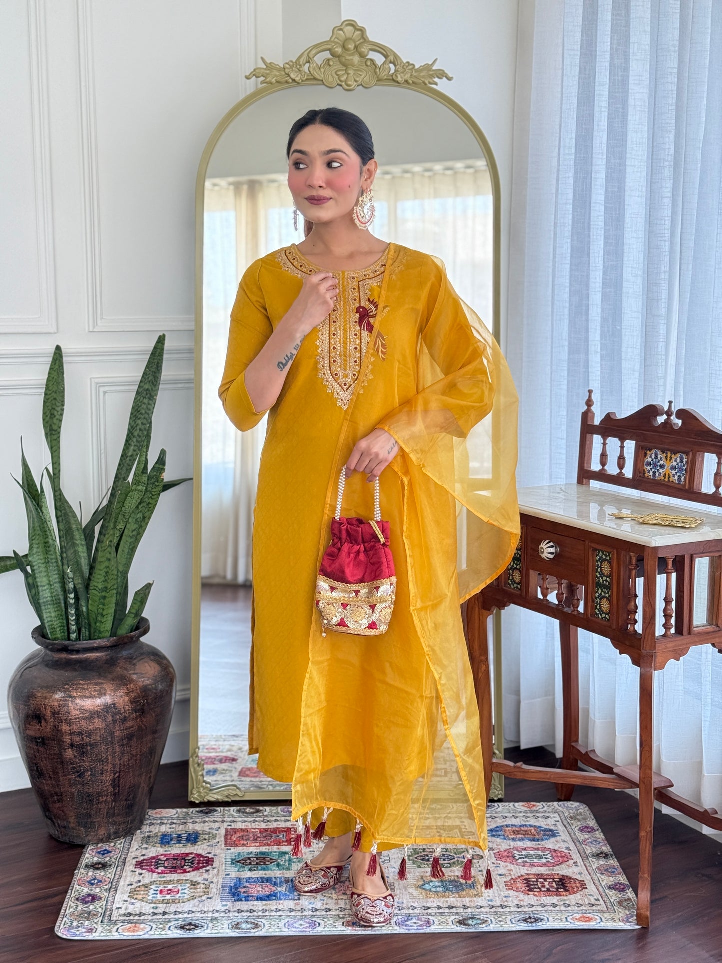 Ekani Yellow Embroidered Cotton Blend Straight Suit Set With Dupatta