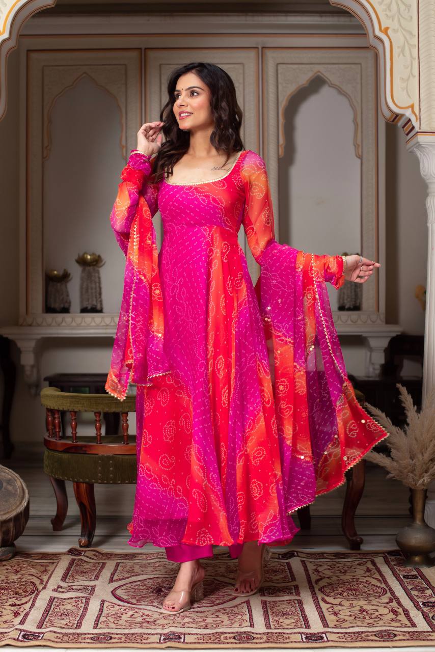 Elegant Georgette Bandhani Anarkali Suit with Dupatta for Special Occasions