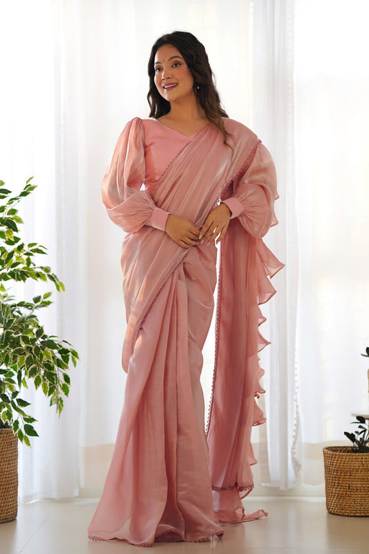 Elegant Pink Jimmy Choo Fabric Ready-to-Wear Saree with Stitched Blouse