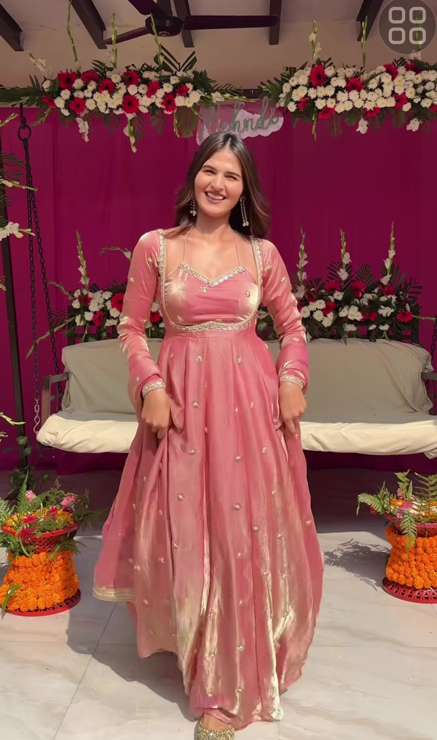 Elegant Dusty Pink Anarkali Gown For Wedding with Silver Embellishments