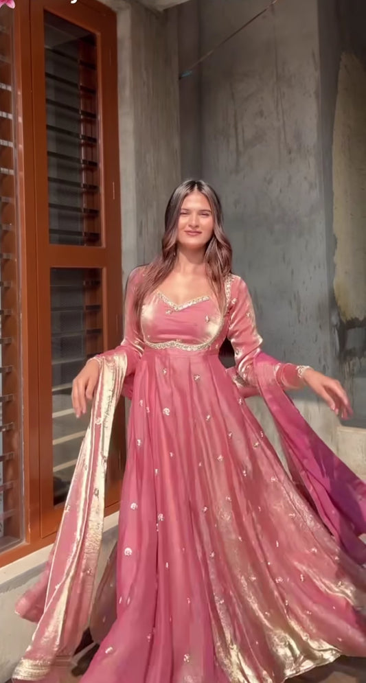 Elegant Dusty Pink Anarkali Gown For Wedding with Silver Embellishments