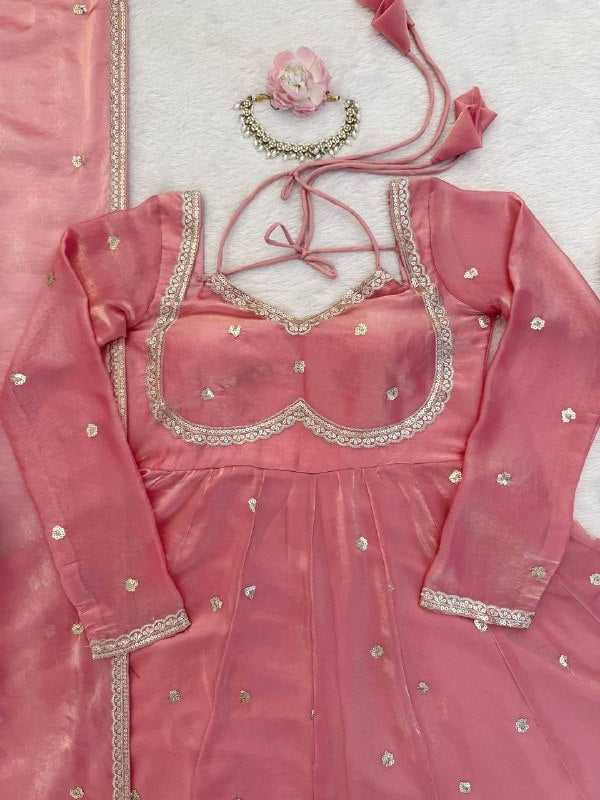 Elegant Dusty Pink Anarkali Gown For Wedding with Silver Embellishments