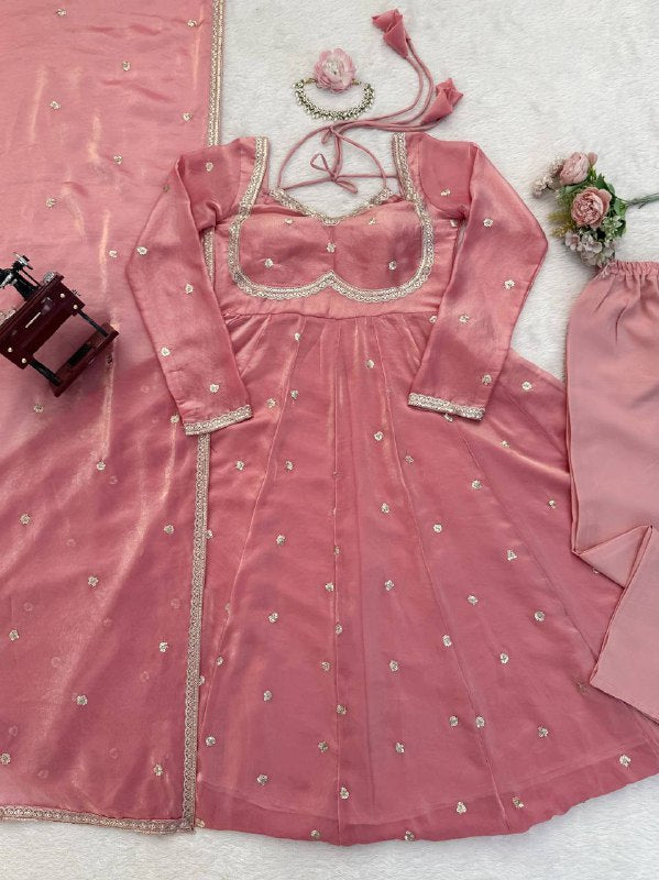 Elegant Dusty Pink Anarkali Gown For Wedding with Silver Embellishments