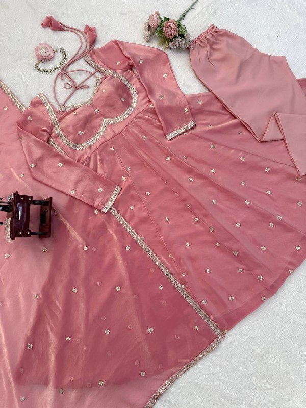 Elegant Dusty Pink Anarkali Gown For Wedding with Silver Embellishments