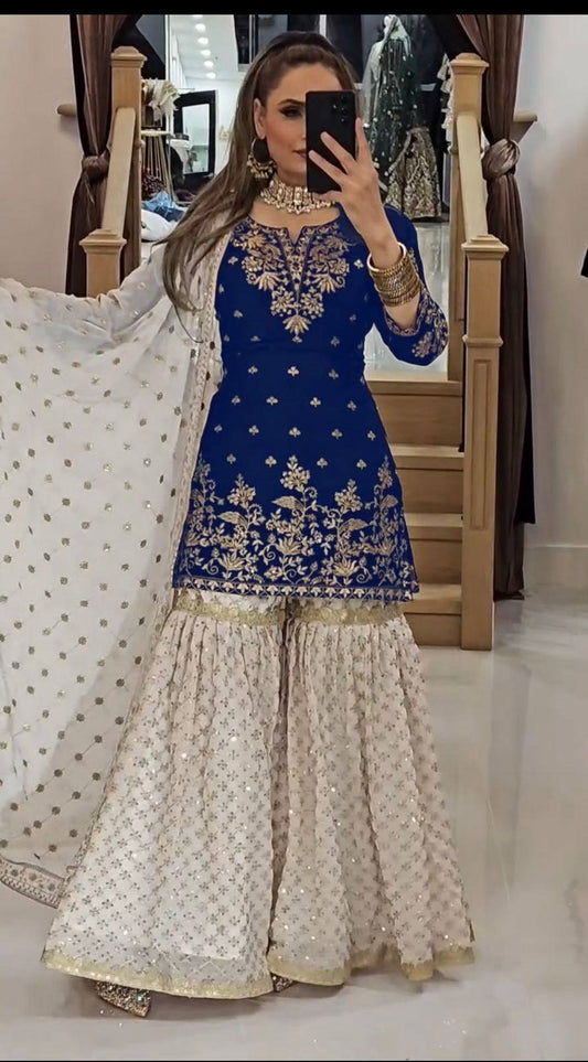 Elegant Royal Blue Georgette Sharara Suit with Sequin Embroidery