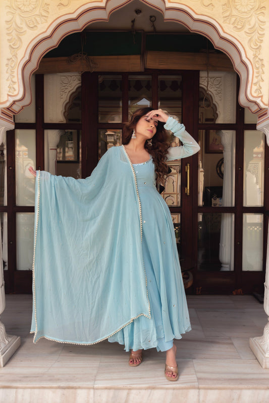 Elegant Sky Blue Anarkali Gown with Dupatta For Wedding