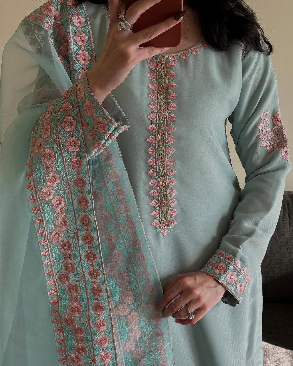 Elegent Faux Georgette Heavy Embroidery Work Palazzo Suit Set With Dupatta