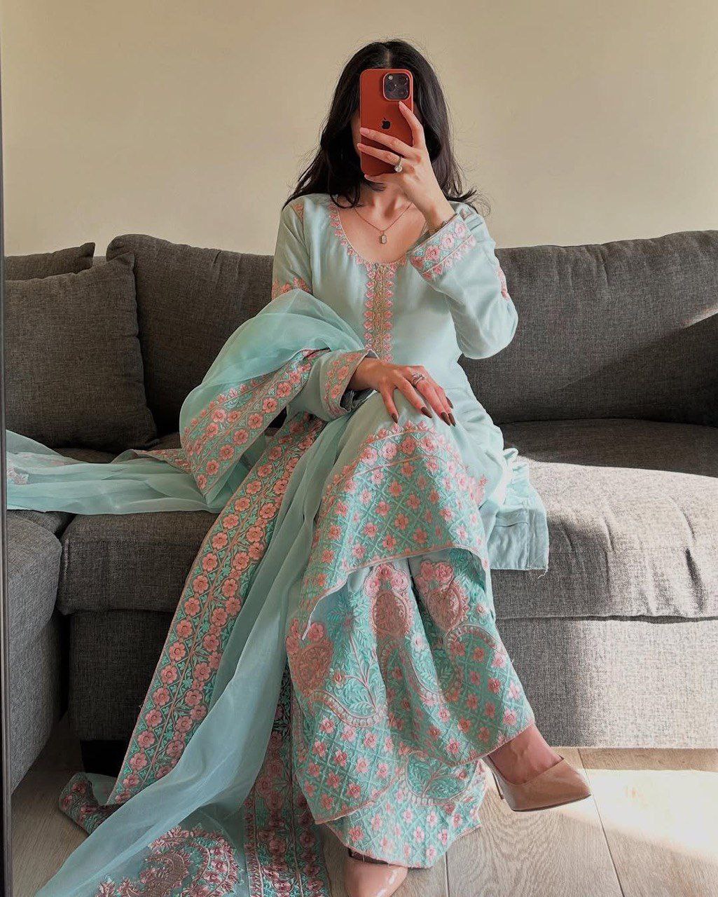 Elegent Faux Georgette Heavy Embroidery Work Palazzo Suit Set With Dupatta