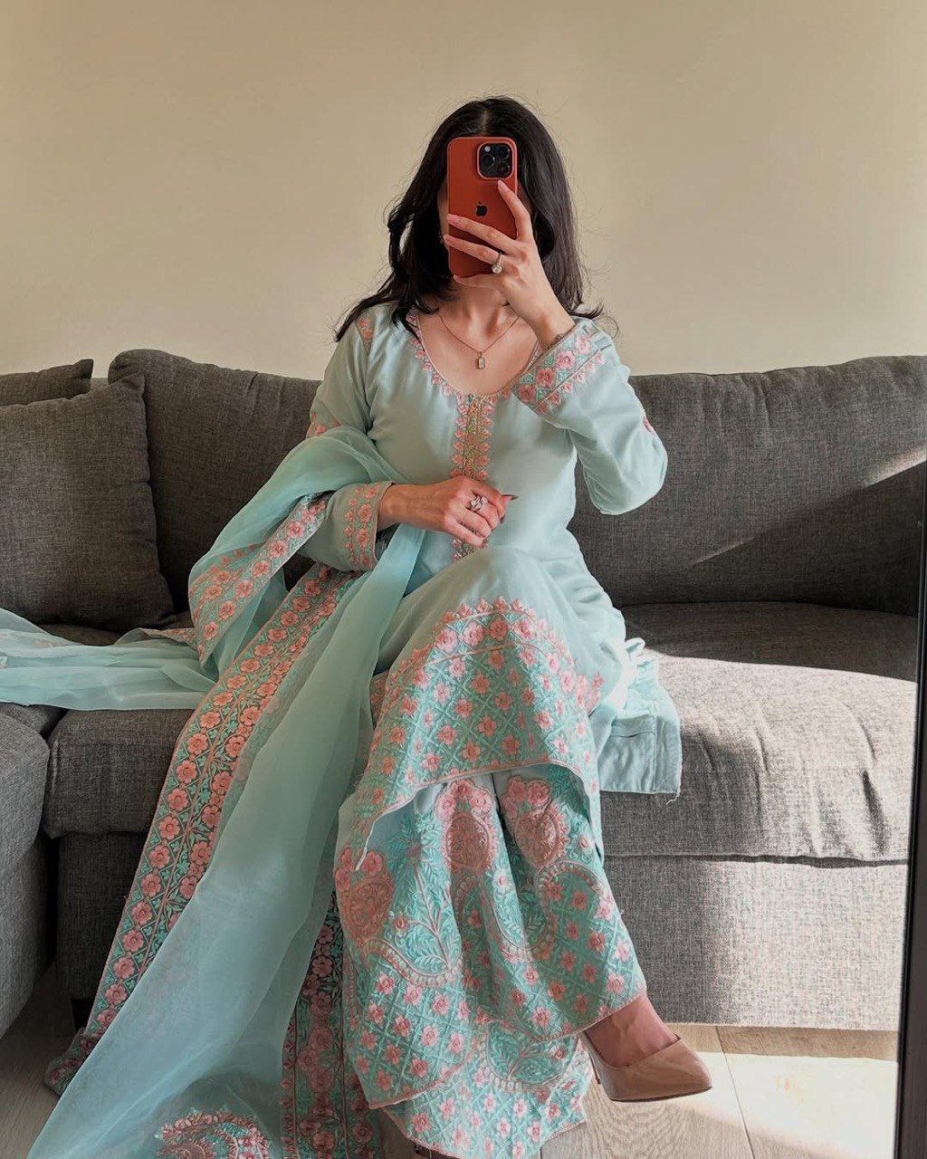 Elegent Faux Georgette Heavy Embroidery Work Palazzo Suit Set With Dupatta