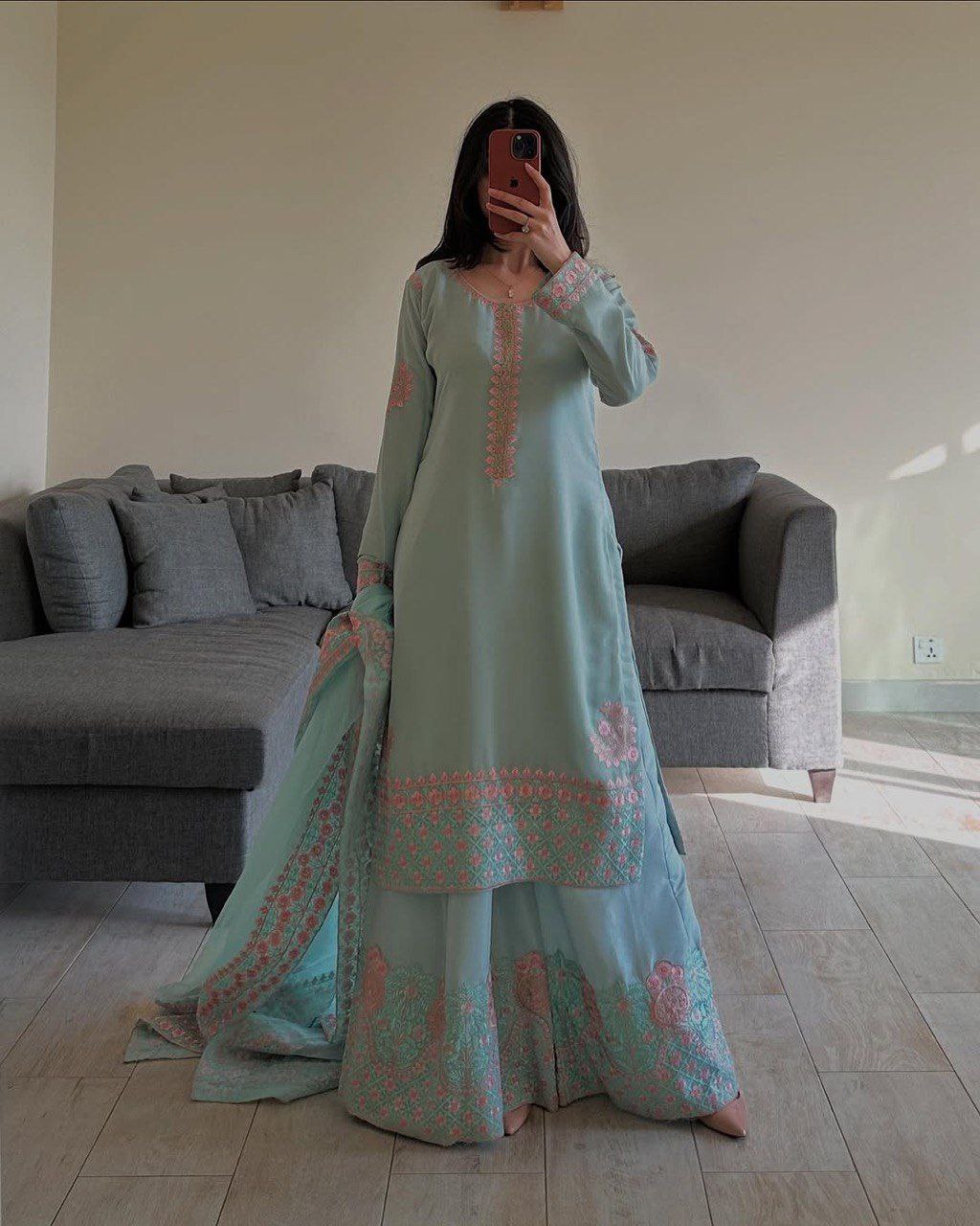 Elegent Faux Georgette Heavy Embroidery Work Palazzo Suit Set With Dupatta