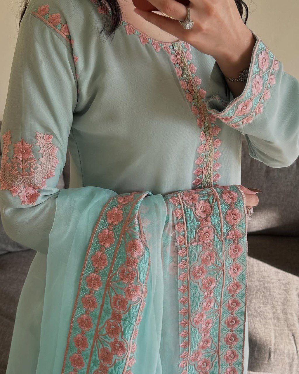 Elegent Faux Georgette Heavy Embroidery Work Palazzo Suit Set With Dupatta