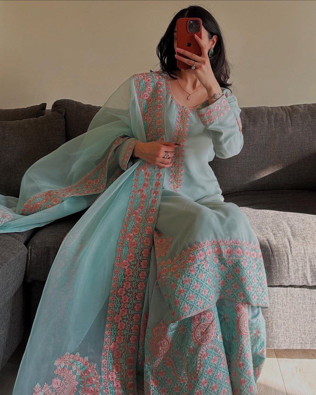 Elegent Faux Georgette Heavy Embroidery Work Palazzo Suit Set With Dupatta