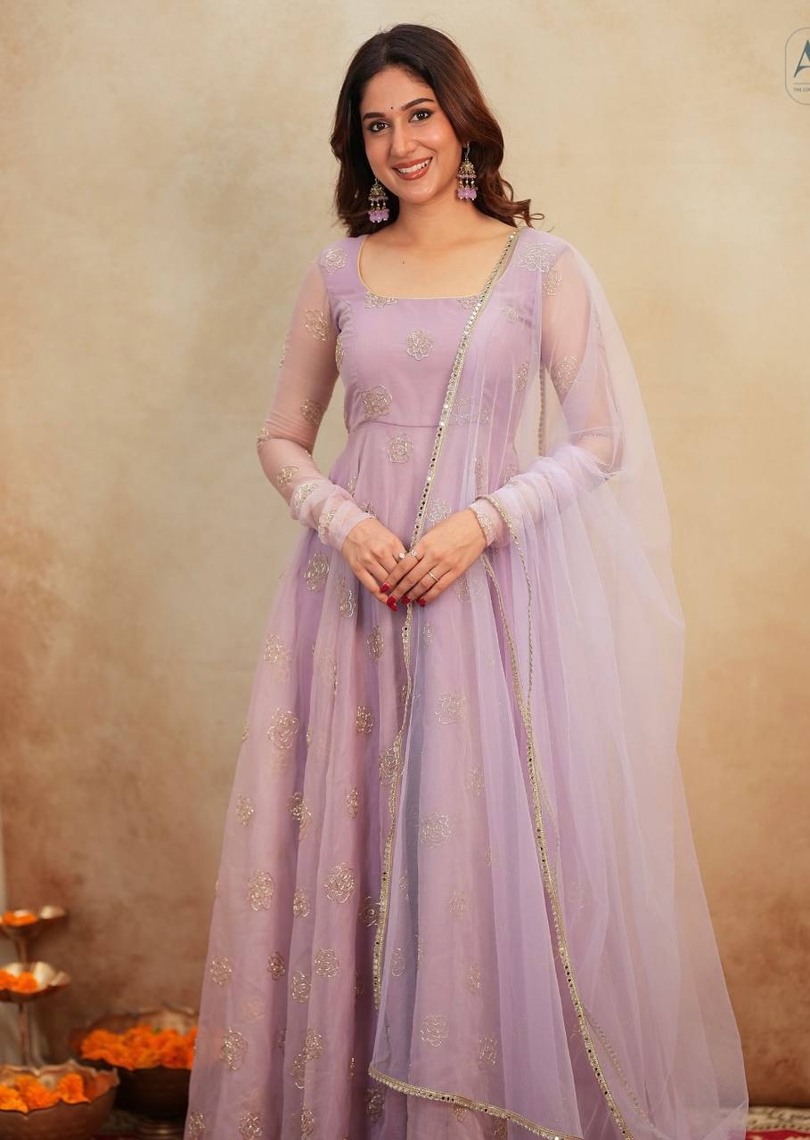 Elight Edge Lavender Soft Organza Hand-Embroidered Full Sleeves Gown Set with Matching Dupatta