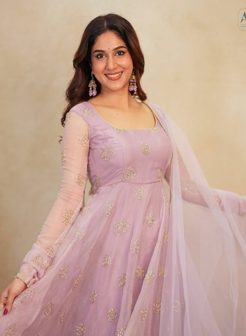 Elight Edge Lavender Soft Organza Hand-Embroidered Full Sleeves Gown Set with Matching Dupatta