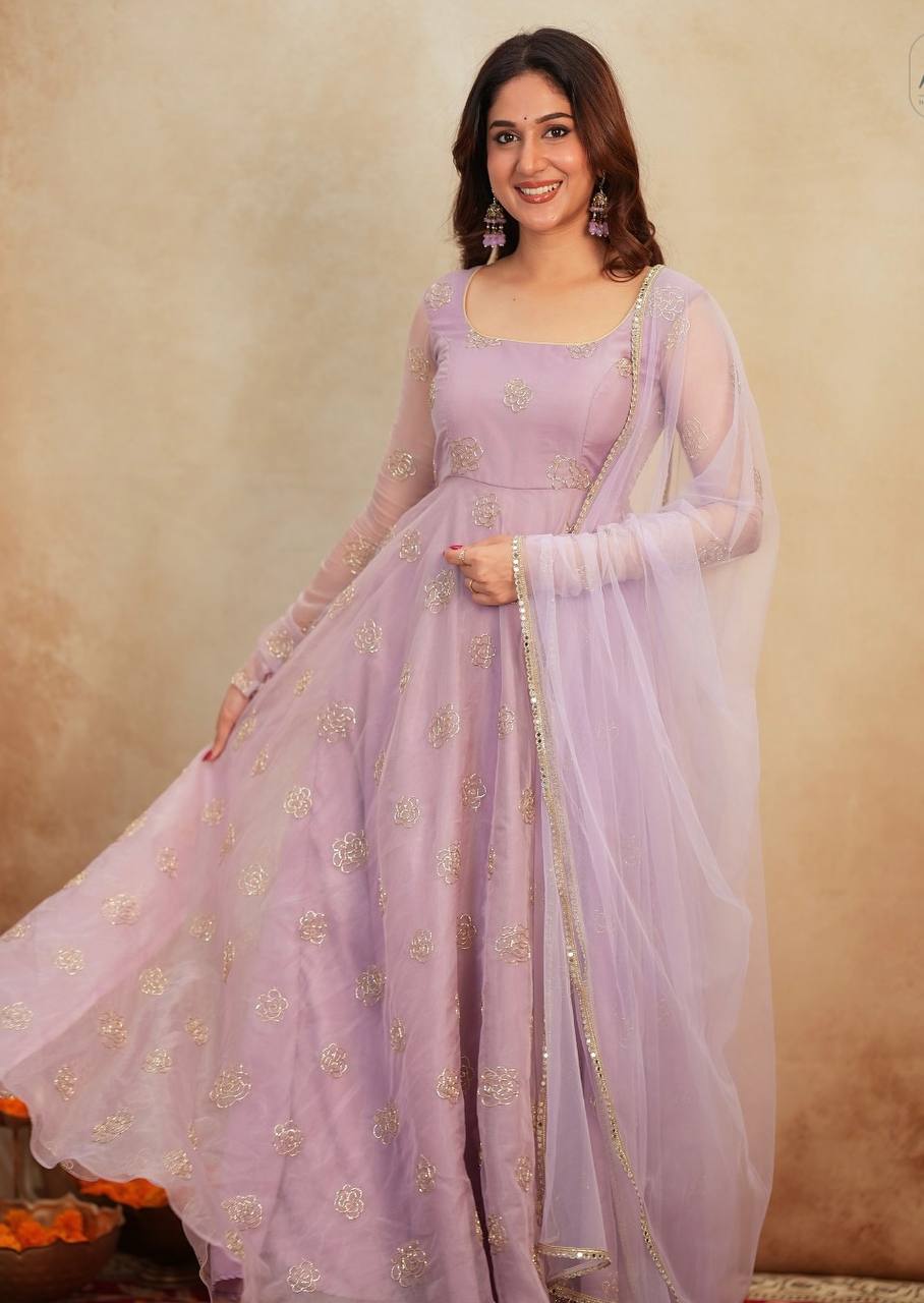 Elight Edge Lavender Soft Organza Hand-Embroidered Full Sleeves Gown Set with Matching Dupatta