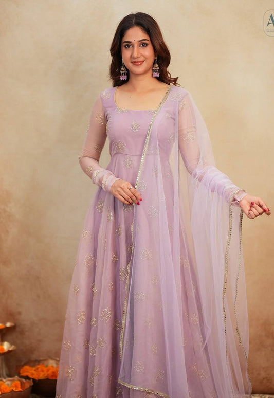 Elight Edge Lavender Soft Organza Hand-Embroidered Full Sleeves Gown Set with Matching Dupatta