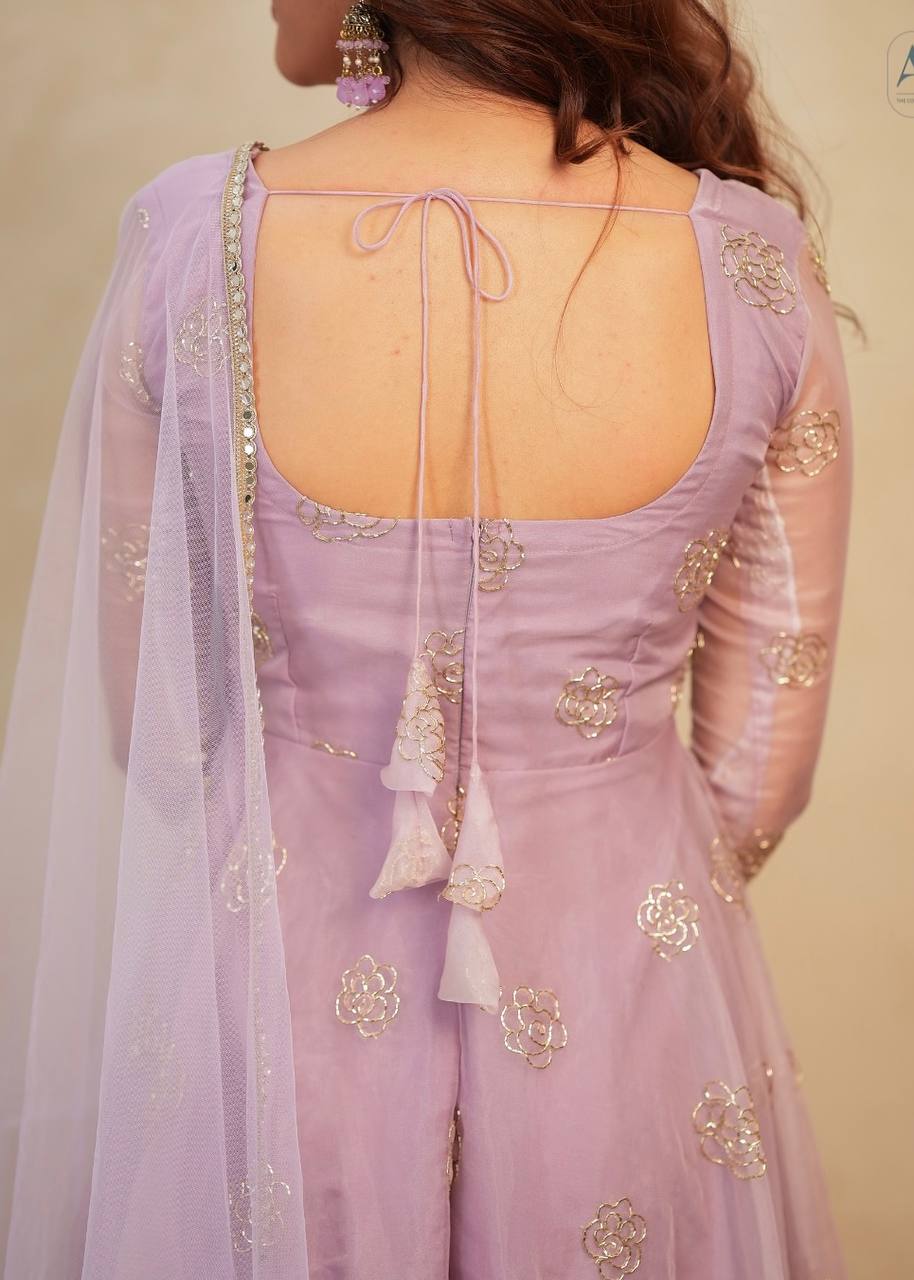 Elight Edge Lavender Soft Organza Hand-Embroidered Full Sleeves Gown Set with Matching Dupatta