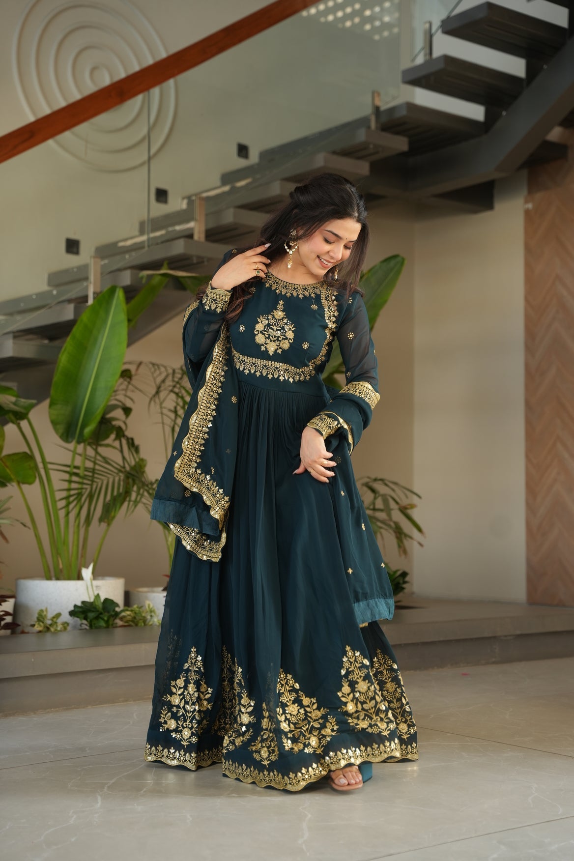 Embroidered Navy Blue Ethnic Gown For Wedding
