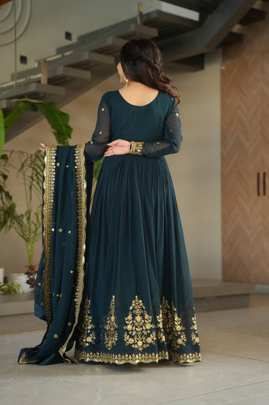 Embroidered Navy Blue Ethnic Gown For Wedding