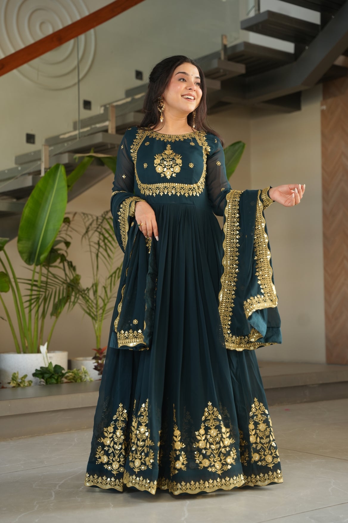Embroidered Navy Blue Ethnic Gown For Wedding