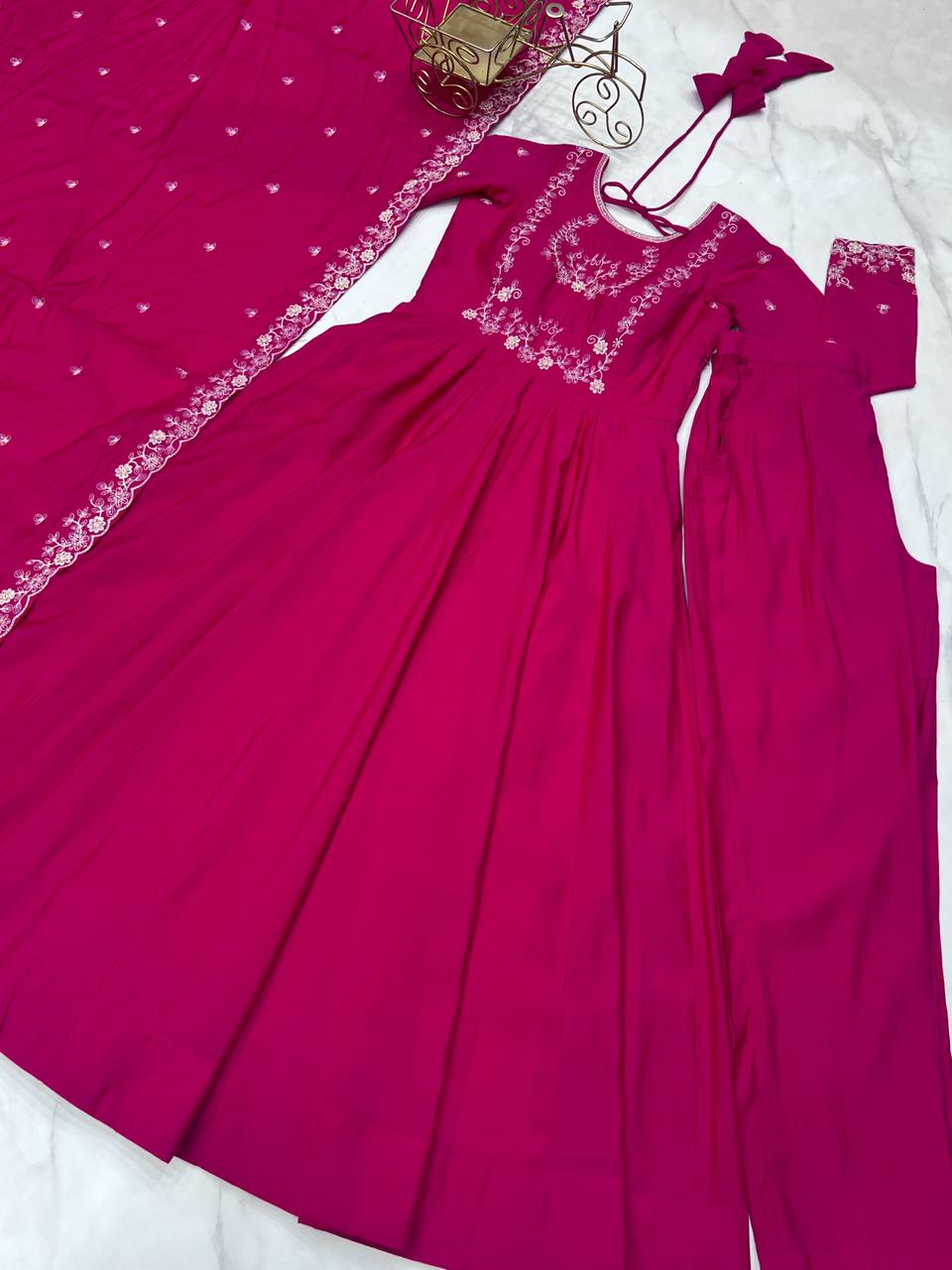 Everlee Rani Pink Chanderi Silk Three Piece Anarkali Suit Set With Dupatta For Function