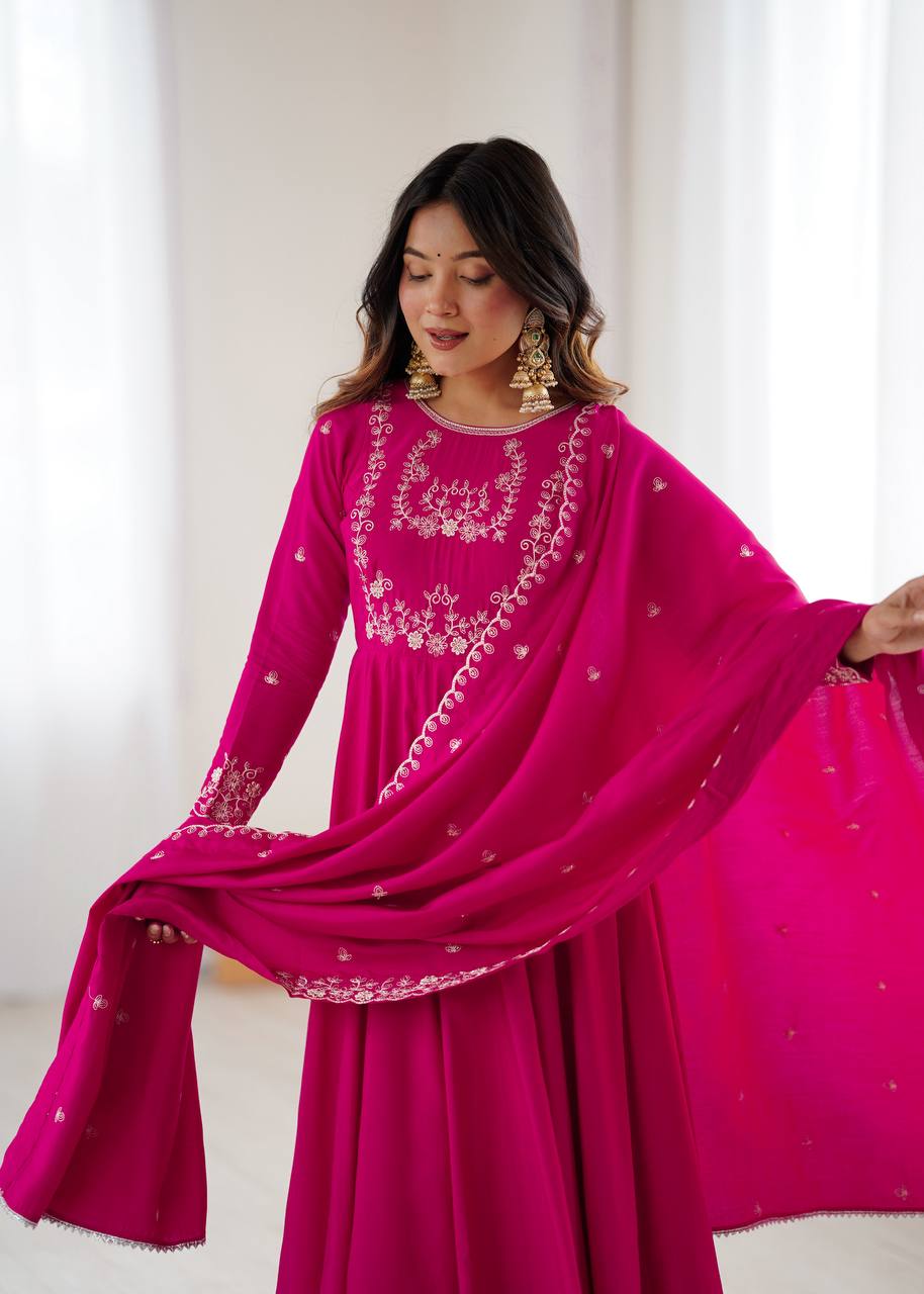 Everlee Rani Pink Chanderi Silk Three Piece Anarkali Suit Set With Dupatta For Function