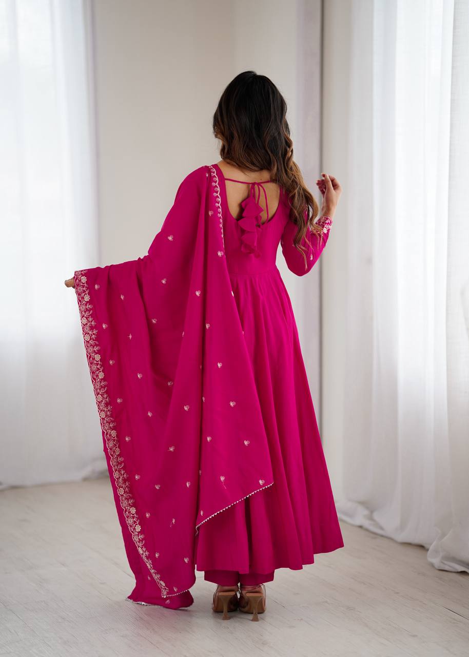 Everlee Rani Pink Chanderi Silk Three Piece Anarkali Suit Set With Dupatta For Function