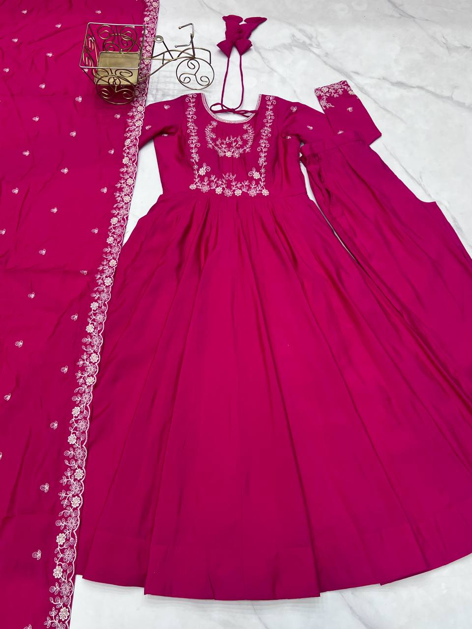 Everlee Rani Pink Chanderi Silk Three Piece Anarkali Suit Set With Dupatta For Function