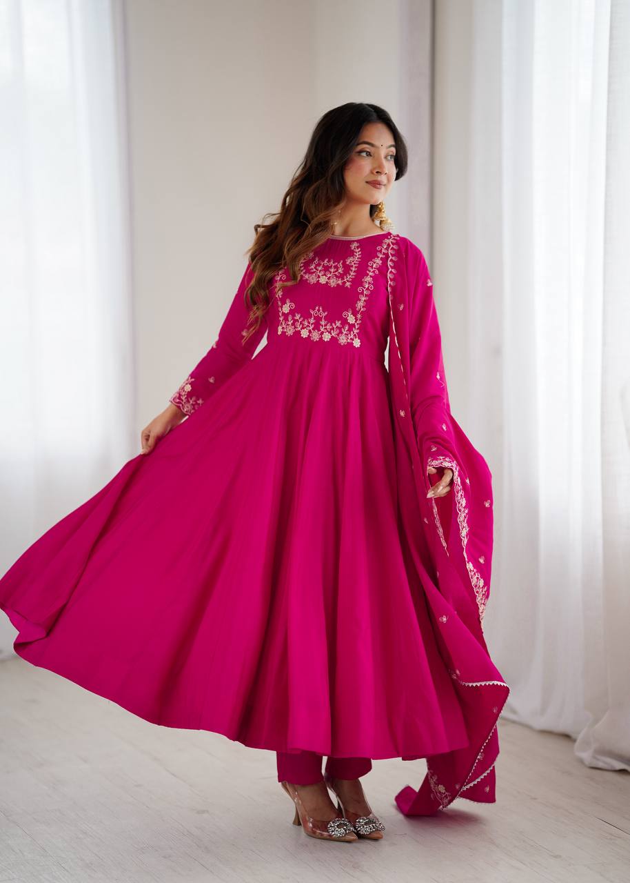 Everlee Rani Pink Chanderi Silk Three Piece Anarkali Suit Set With Dupatta For Function