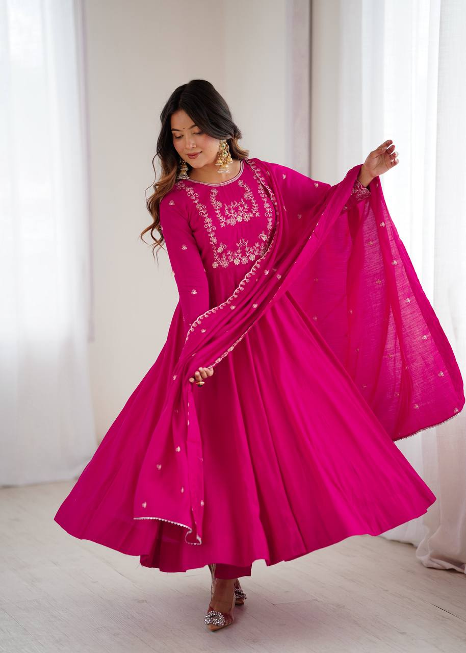 Everlee Rani Pink Chanderi Silk Three Piece Anarkali Suit Set With Dupatta For Function