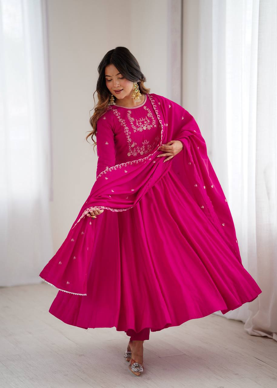 Everlee Rani Pink Chanderi Silk Three Piece Anarkali Suit Set With Dupatta For Function