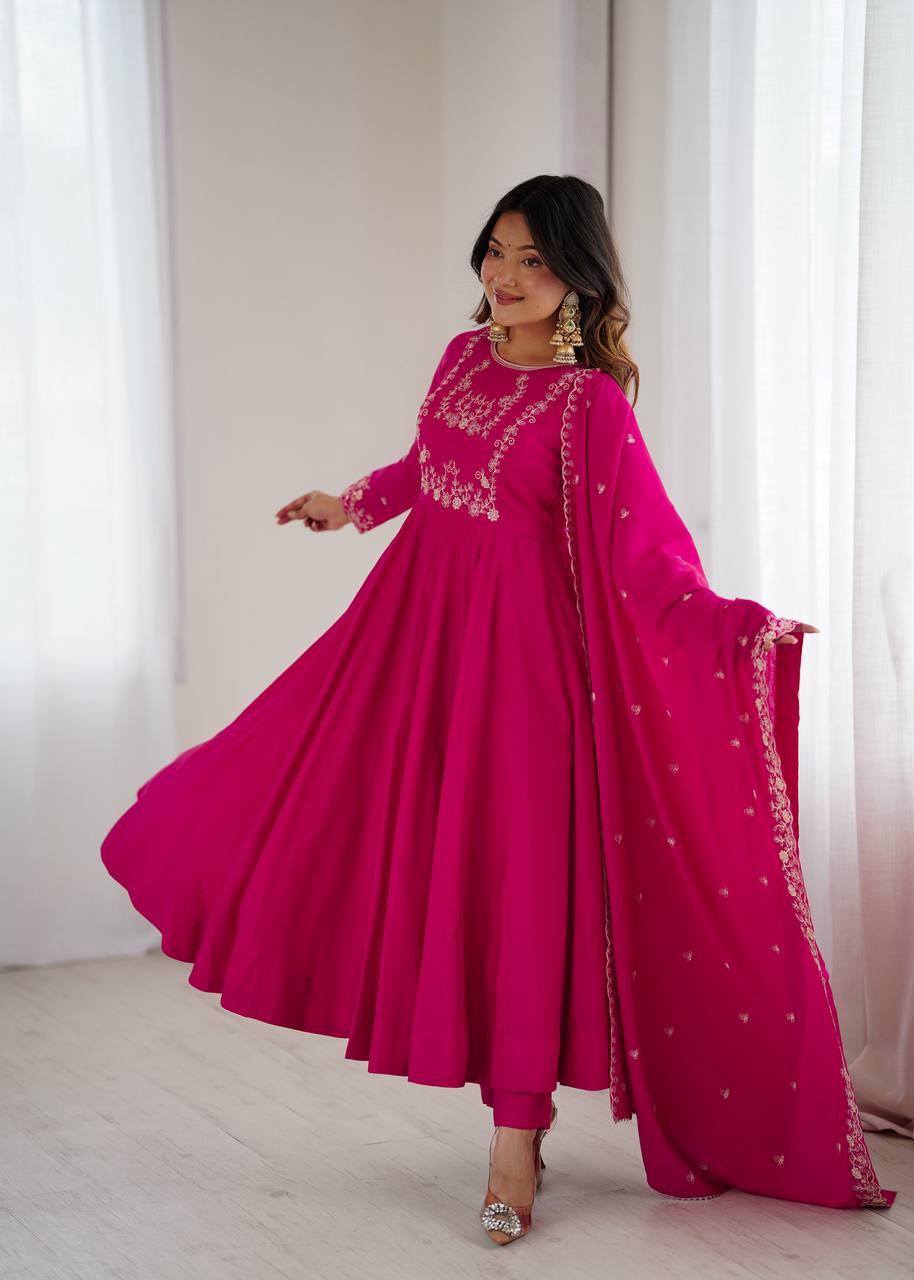 Everlee Rani Pink Chanderi Silk Three Piece Anarkali Suit Set With Dupatta For Function