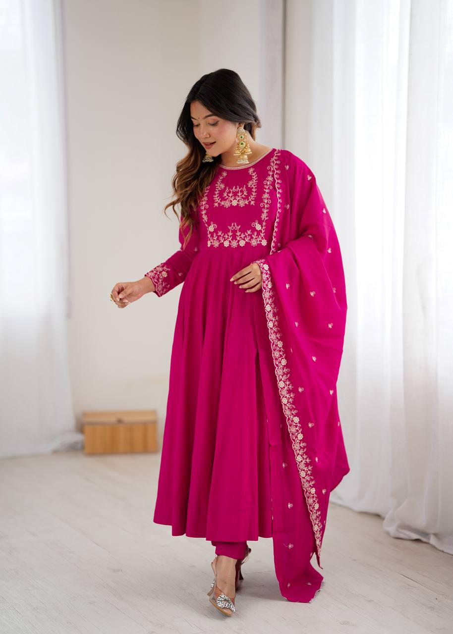 Everlee Rani Pink Chanderi Silk Three Piece Anarkali Suit Set With Dupatta For Function
