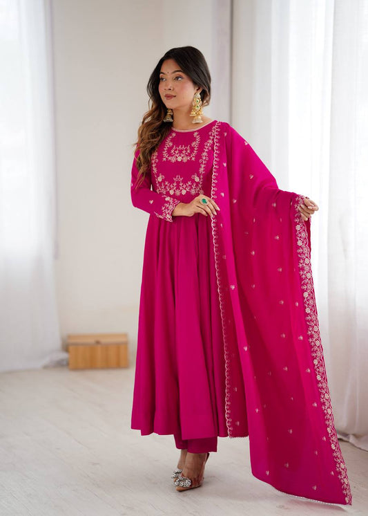 Everlee Rani Pink Chanderi Silk Three Piece Anarkali Suit Set With Dupatta For Function