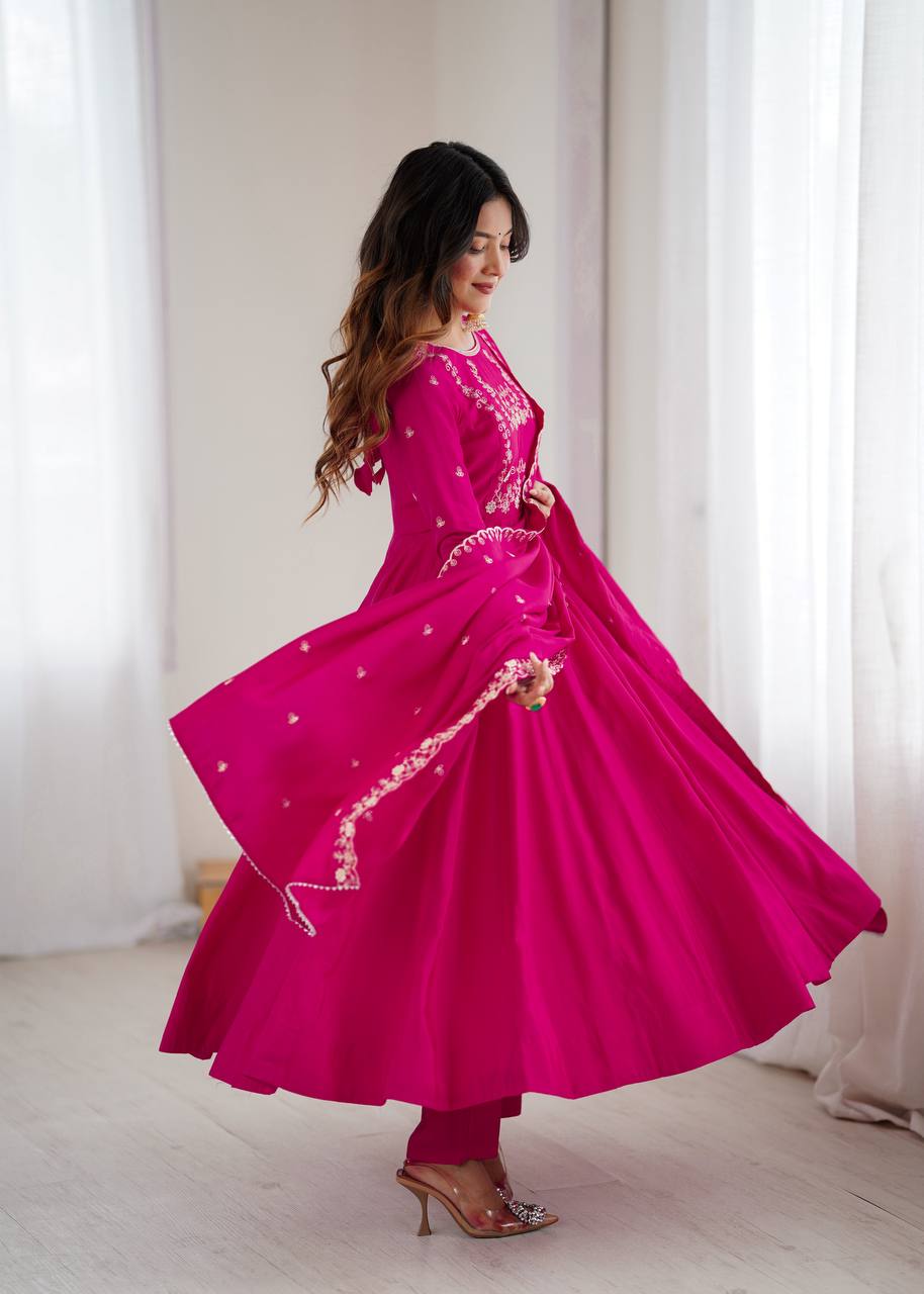 Everlee Rani Pink Chanderi Silk Three Piece Anarkali Suit Set With Dupatta For Function