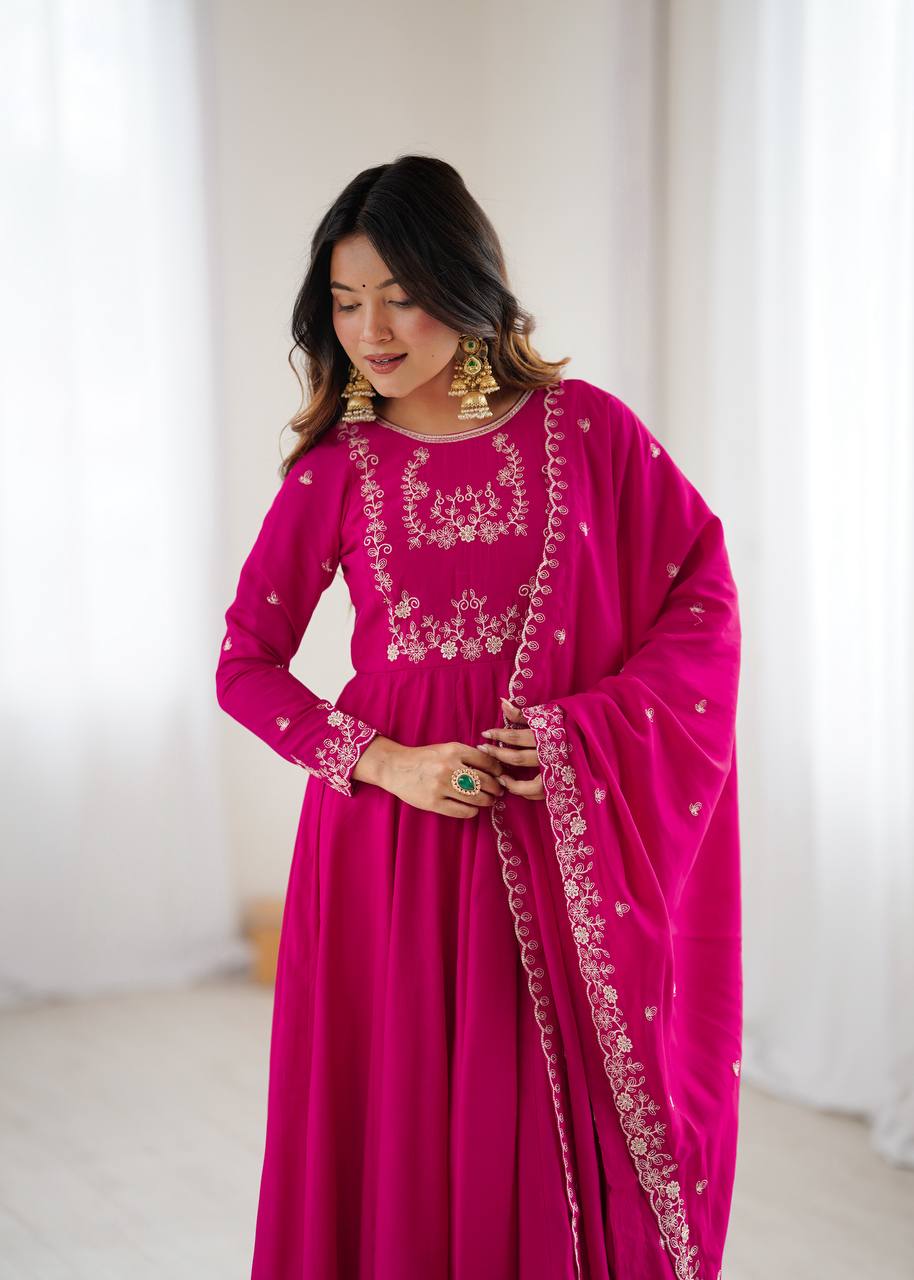 Everlee Rani Pink Chanderi Silk Three Piece Anarkali Suit Set With Dupatta For Function