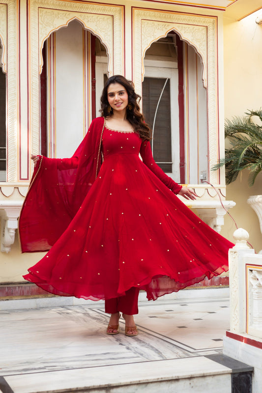 Festive Red Georgette Anarkali Suit with Dupatta Set