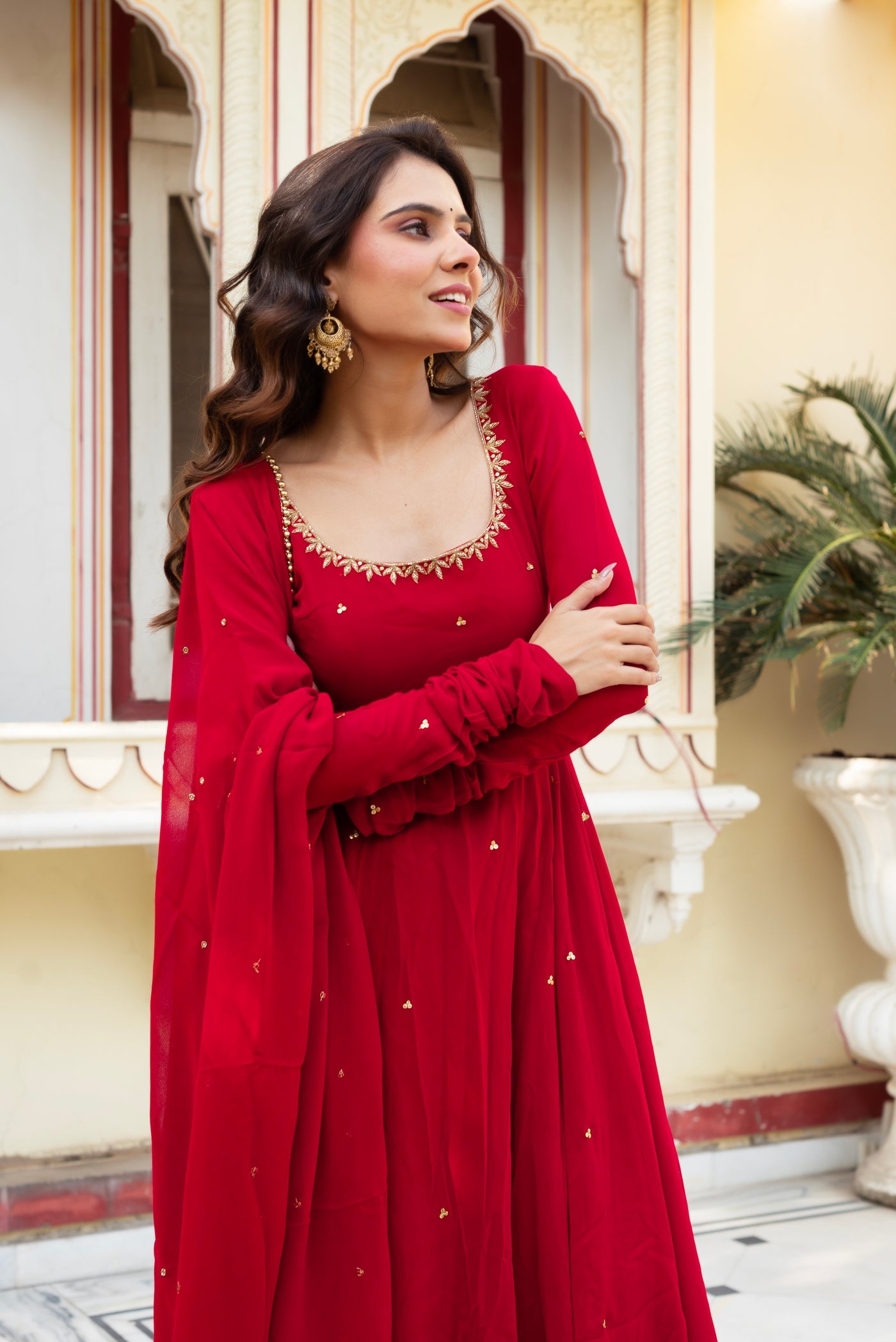 Festive Red Georgette Anarkali Suit with Dupatta Set