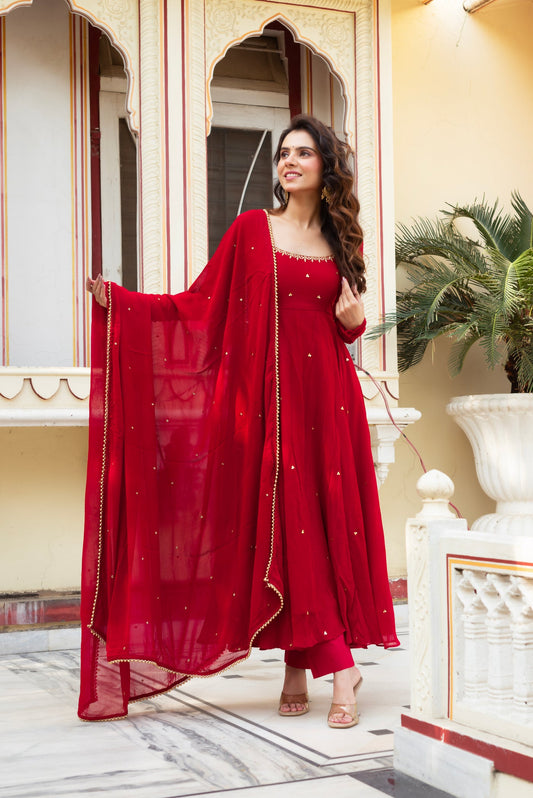 Festive Red Georgette Anarkali Suit with Dupatta Set