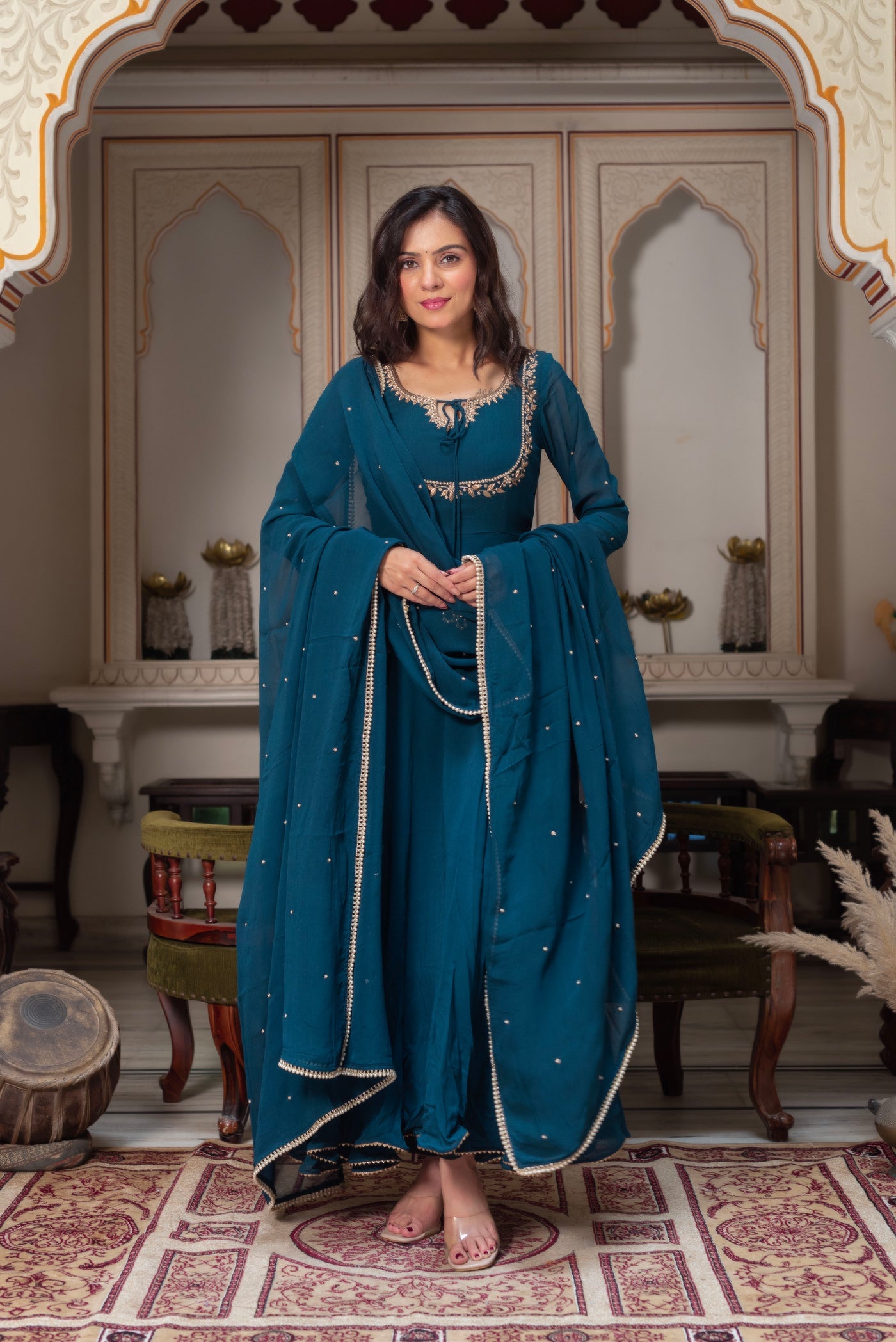 Festive Wear Teal Anarkali Suit in Georgette for Functions