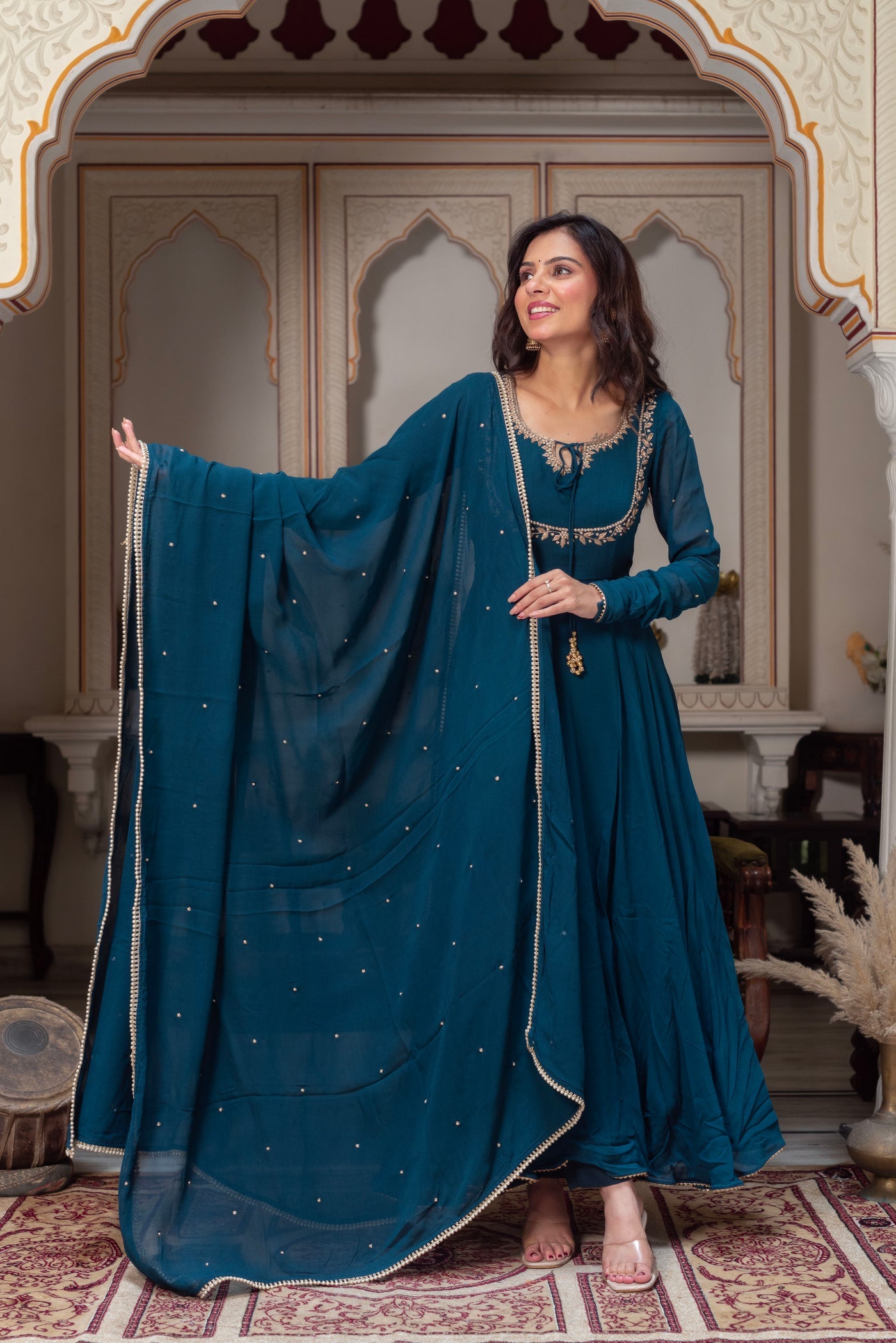 Festive Wear Teal Anarkali Suit in Georgette for Functions